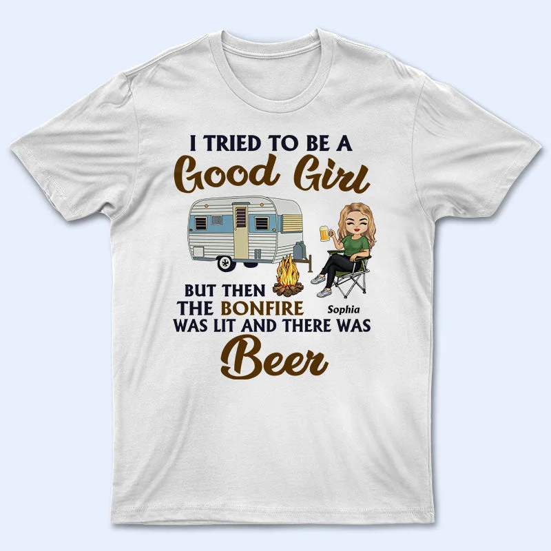 I Tried To Be A Good Girl Camping - Personalized Custom T Shirt Beaded Sequined Faux Fur
