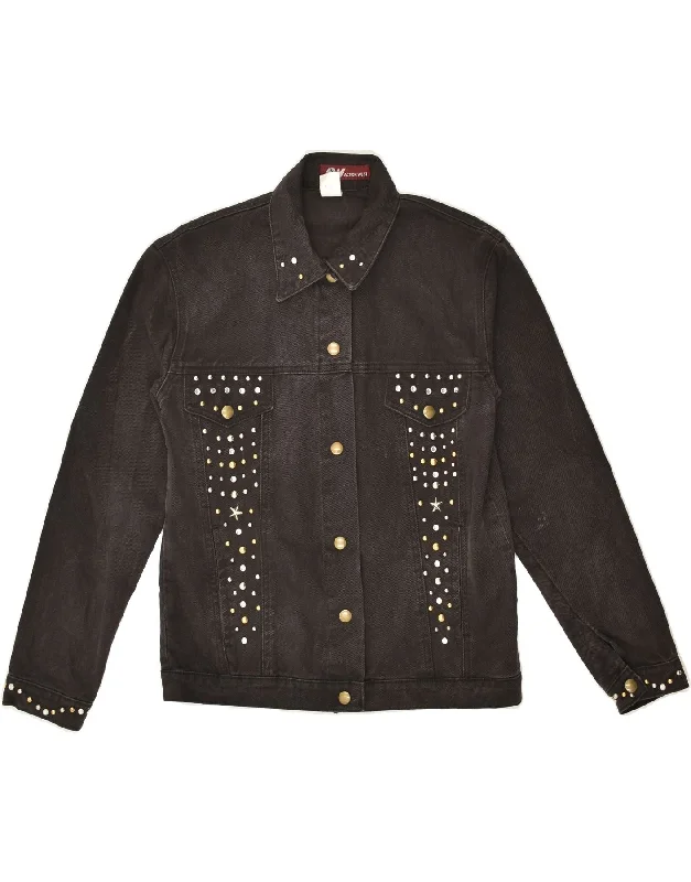 VINTAGE Womens Denim Jacket UK 10 Small Black Cotton Insulated Jacket Fitted Jacket Loose Jacket