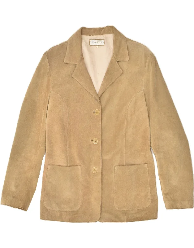 VERA PELLE Womens 3 Button Leather Blazer Jacket UK 14 Large Beige Leather Collared Jacket Crew Neck Jacket Turtle Neck Jacket