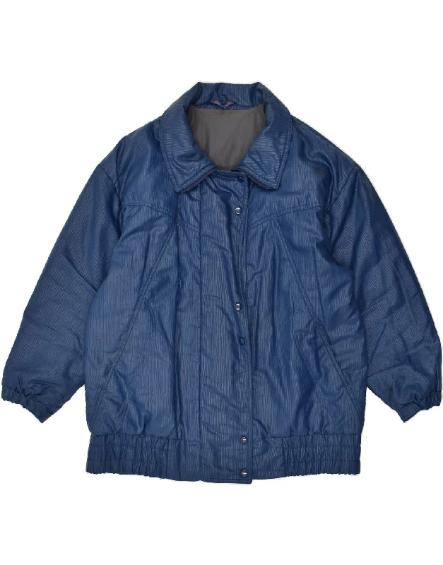 VINTAGE Womens Oversized Windbreaker Jacket EU 44 XL Navy Blue Pinstripe Boat Neck Shawl Collar Notched Collar