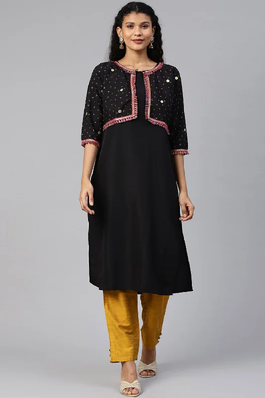 Crepe Solid Kurta With Jacket In Black Denim Jacket Leather Jacket Suede Jacket