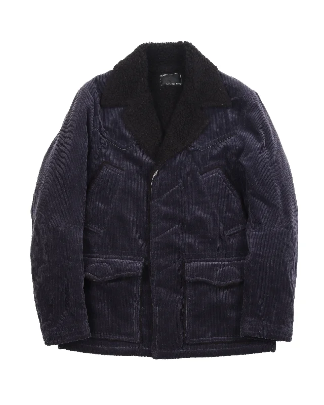 Navy Cordoruy Sherpa Lined Jacket (2008) "My Own Private Portland" Hooded Jacket Caped Jacket Shawl Collar Jacket