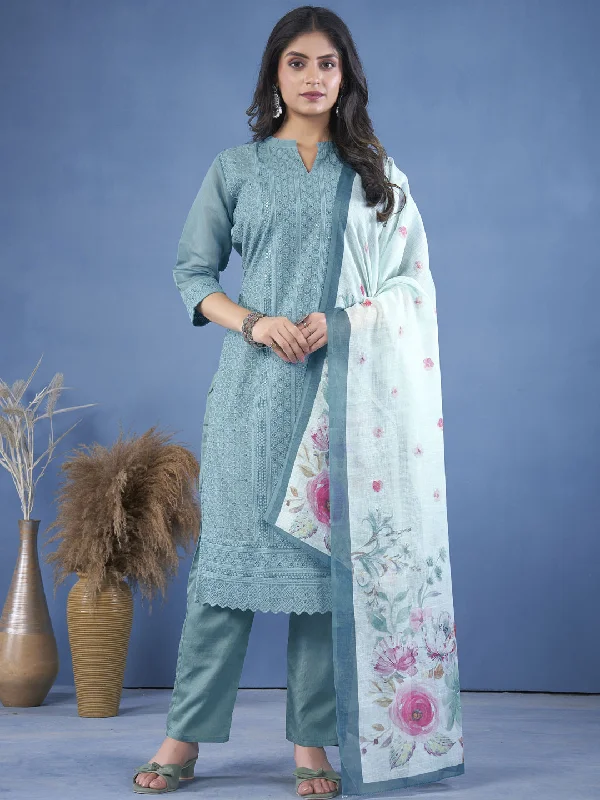 Aqua Blue Attractive Looking Readymade Pant Suit With Designer Embroidery Work Stylish Elastic Waist Pants