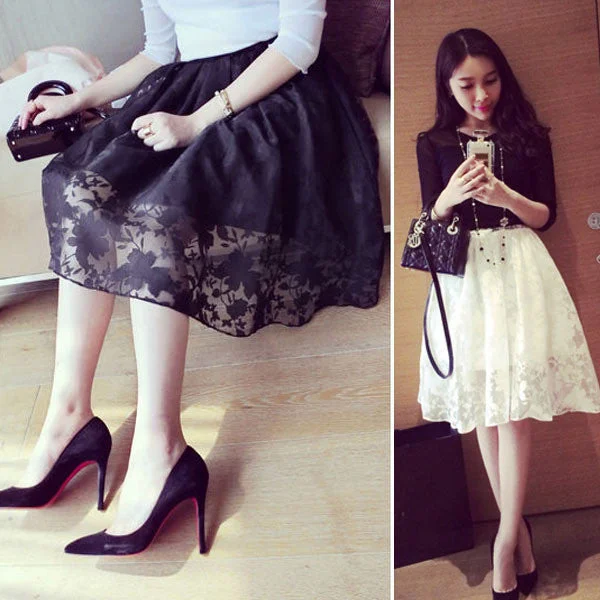 Retail Ladies Women Double Layer Skirts Flower Print Lace Party Elastic Waist Skirt ruffled skirt detail