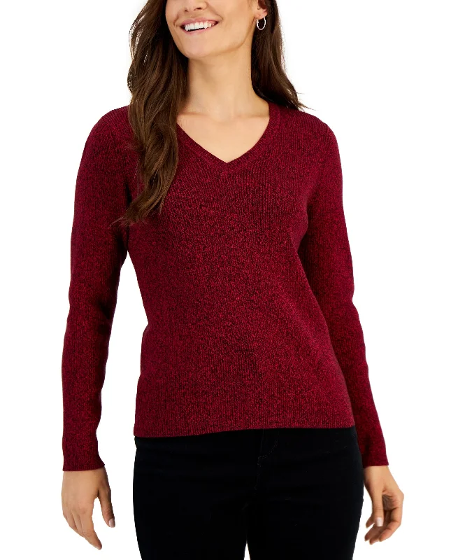 Karen Scott Womens V Neck Ribbed Sweater Striped Floral Plaid