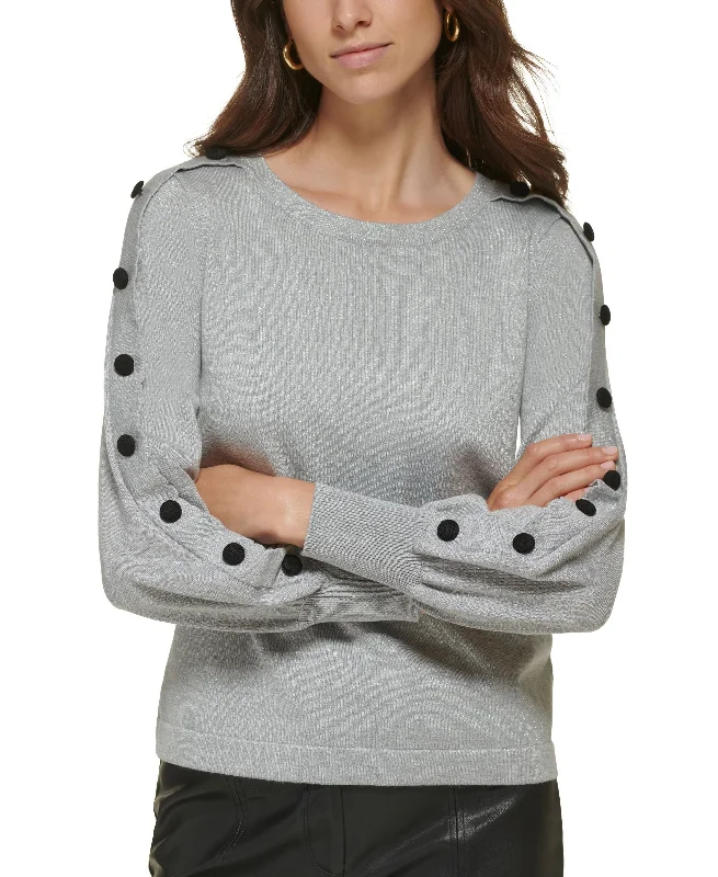 Women's Metallic Button-Sleeve Sweater Mesh Blend Leather Blend Suede Blend