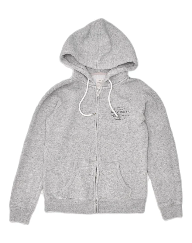JACK WILLS Womens Zip Hoodie Sweater UK 12 Medium Grey Graphic Sweater Embroidered Appliqued