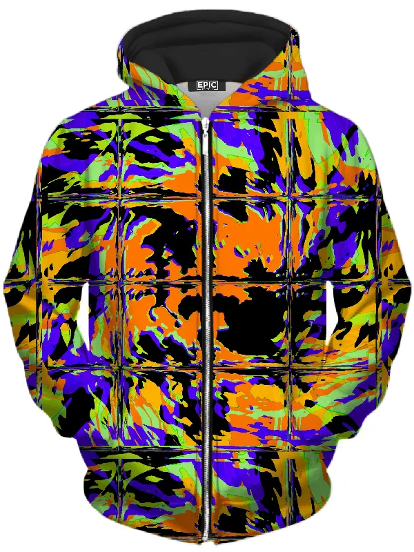Orange Violet Rave Glitch Unisex Zip-Up Hoodie Hoodie with Hem Elastic Stretchable Comfortable
