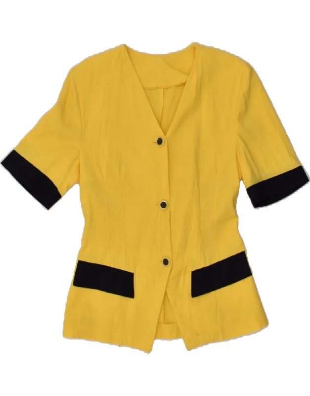 VINTAGE Womens Short Sleeve 3 Button Blazer Jacket UK 12 Medium Yellow Trench Coat Raincoat Waterproof Jacket