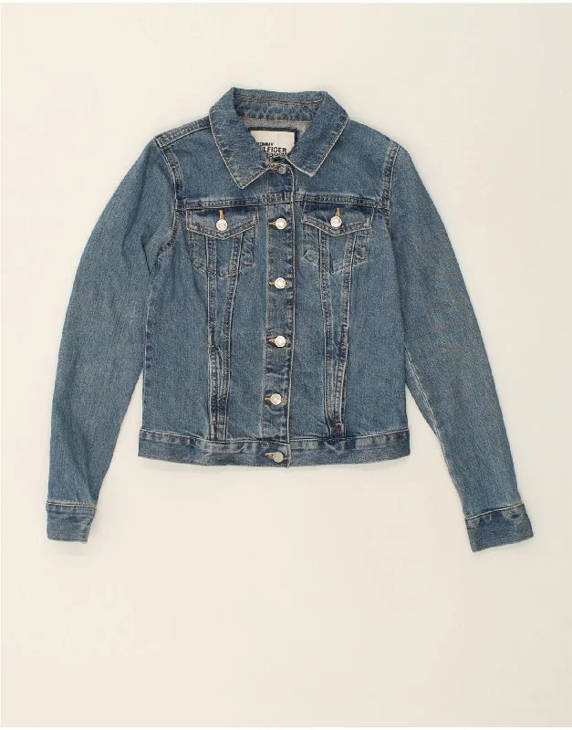 TOMMY HILFIGER Womens Graphic Denim Jacket UK 6 XS Blue Cotton Appliqued Jacket Beaded Jacket Sequined Jacket