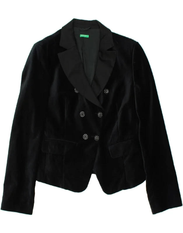 BENETTON Womens Velvet Double Breasted Blazer Jacket IT 46 Large Navy Blue Tailored Jacket Straight Jacket A-Line Jacket