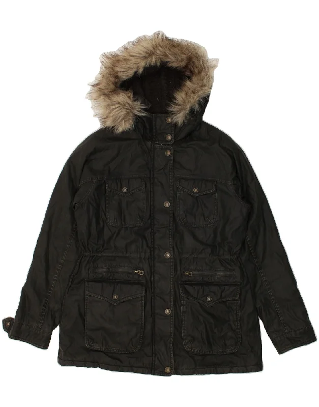 FAT FACE Womens Hooded Padded Jacket UK 12 Medium Black Cotton Denim Fabric Leather Fabric Suede Fabric