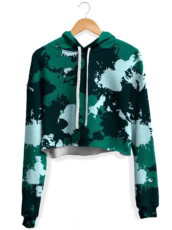 Emerald Teal Paint Splatter Fleece Crop Hoodie Hoodie with Drawstring Waist Adjustable Fitted