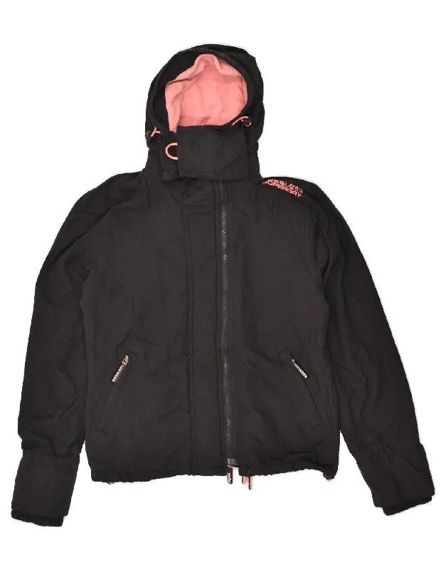 SUPERDRY Womens Hooded Windbreaker Jacket UK 14 Medium Black Polyester Denim Jacket Leather Jacket Suede Jacket