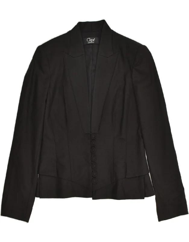 VINTAGE Womens 7 button Blazer Jacket IT 44 Medium Black Virgin Wool Bomber Jacket Anorak Windbreaker