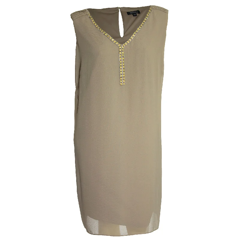 SL Fashions Beige Sleeveless Embellished Shift Dress Tunics Trendy modern