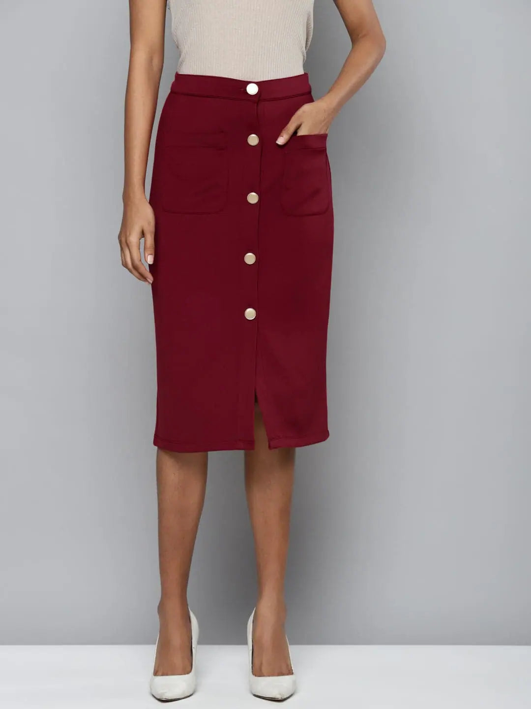 Maroon Scuba Front Button Skirt ribbed skirt waist