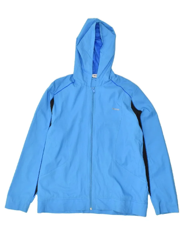 REEBOK Womens Hooded Rain Jacket UK 12-14 Medium Blue Polyester Zip Front Button Front Snap Front