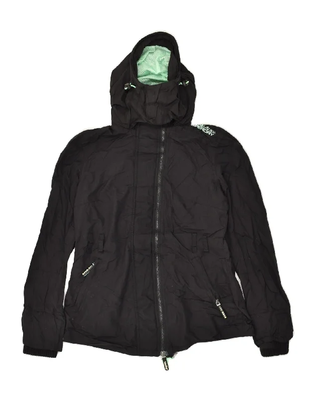 SUPERDRY Womens Windmac Hooded Windbreaker Jacket UK 12 Medium Black Nylon Satin Jacket Silk Jacket Chiffon Jacket