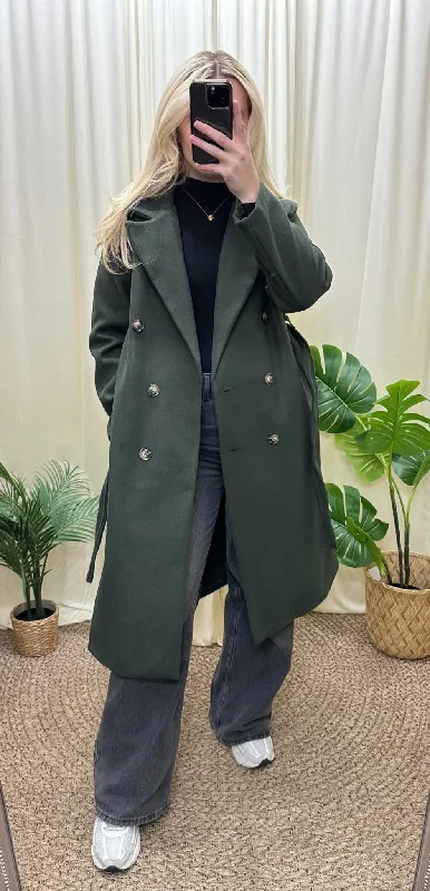 Khaki tie waist trench jacket Front Pockets Side Pockets Patch Pockets