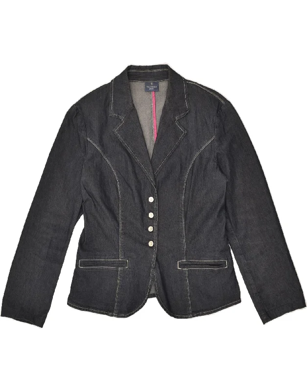 TRUSSARDI Womens 4 Button Denim Blazer Jacket IT 46 Large Navy Blue Cotton Herringbone Jacket Houndstooth Jacket Plaid Jacket