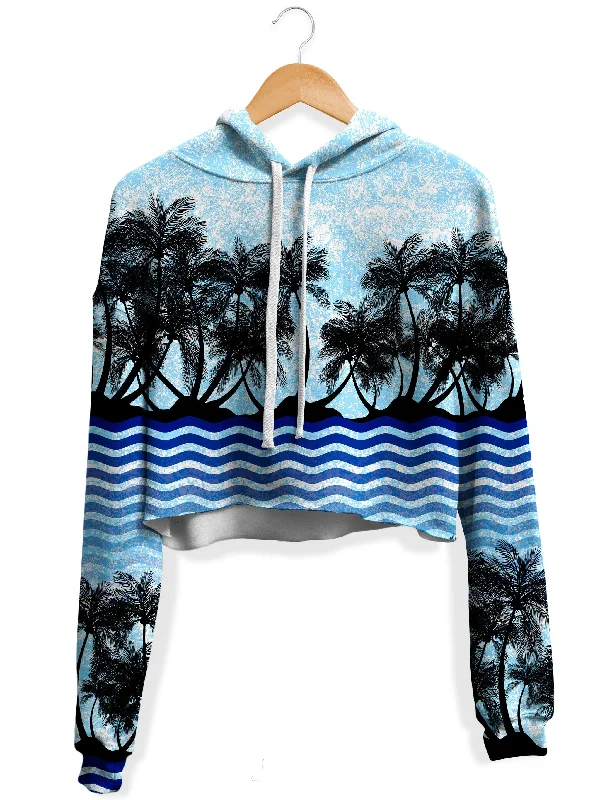 Tropical Waves Fleece Crop Hoodie Hoodie with Drawstring Waist Adjustable Fitted
