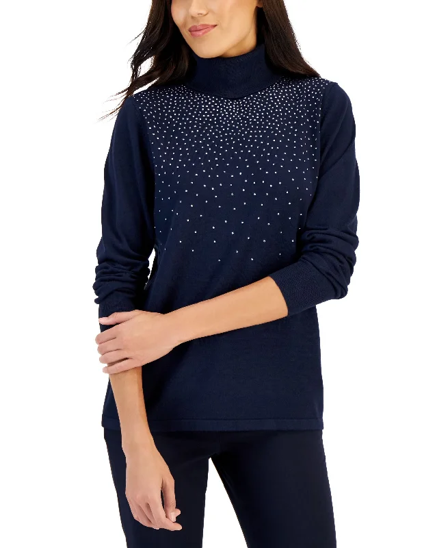 Karen Scott Womens Embellished Turtleneck Sweater Front Pockets Side Pockets Patch Pockets