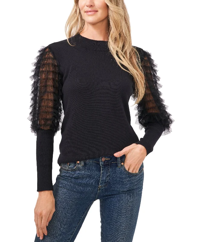 Women's Sheer Ruffled Balloon Sleeve Crewneck Sweater Neon Metallic Matte