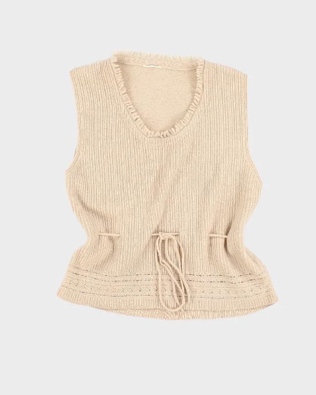 Vintage Beige Tie Waist Sweater Vest - S High Neck Crew Neck V-Neck
