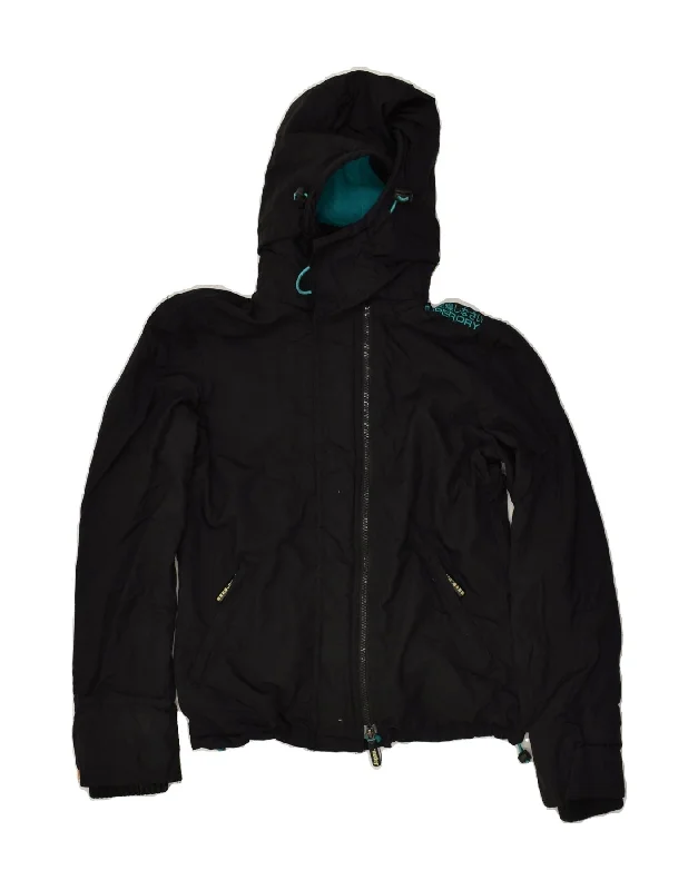 SUPERDRY Womens Hooded Windbreaker Jacket UK 10 Small Black Nylon Embroidered Jacket Appliqued Jacket Beaded Jacket