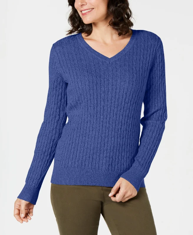 Karen Scott V Neck Cable Knit Sweater Houndstooth Herringbone Solid
