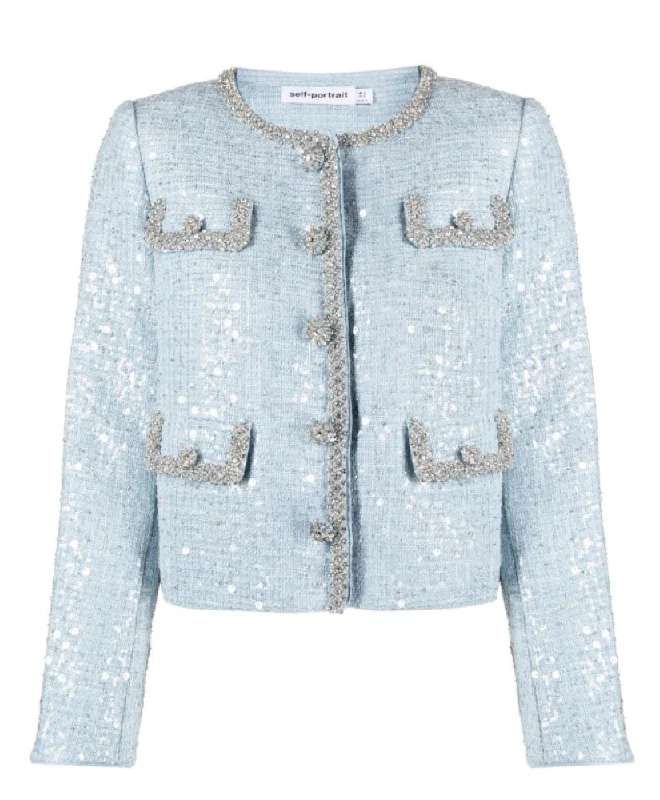 Self Portrait Women's Sequin Boucle Diamanté-Trim Tweed Jacket Cotton Jacket Linen Jacket Terry Jacket