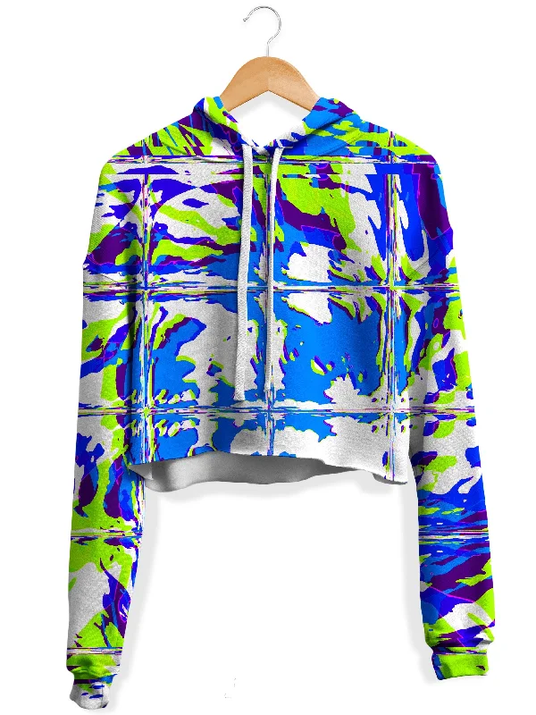 Blue Rave Glitch Fleece Crop Hoodie Hoodie with Hem Raw Edge Edgy Unfinished