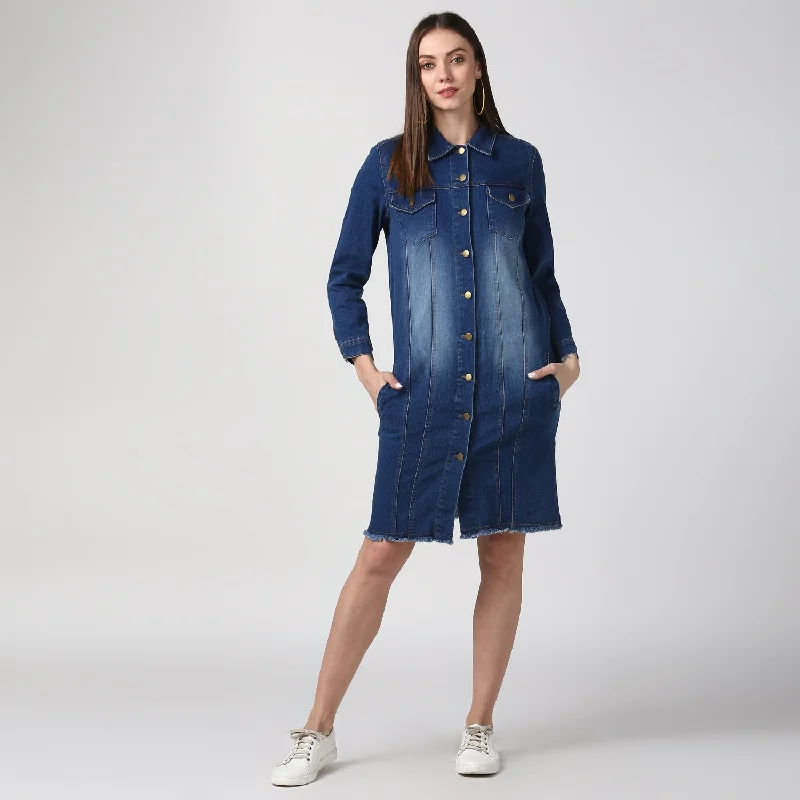 Women's Navy Blue Long Overcoat Style Denim Jacket with Washed effect - StyleStone Knit Fabric Woven Fabric Fleece Fabric