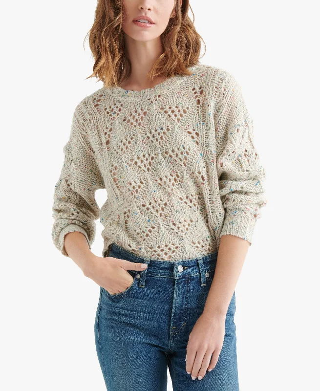 Lucky Brand Marled Pointelle Knit Sweater Embroidered Appliqued Beaded