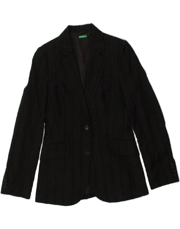 BENETTON Womens 2 Button Blazer Jacket IT 40 Small Black Pinstripe Wool Striped Jacket Polka Dot Jacket Floral Jacket