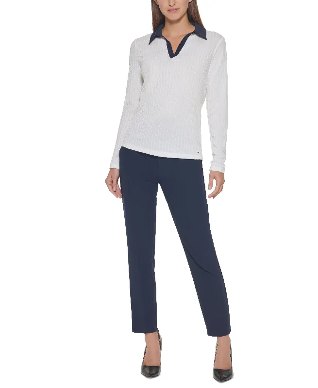 Tommy Hilfiger Contrast Collar Cable Knit Sweater Solid Print Embellished