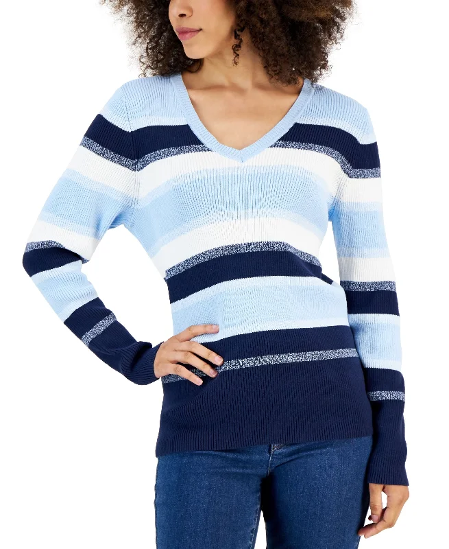 Karen Scott Petite Cotton Ribbed V Neck Sydnie Stripe Sweater Sweater Knitwear Pullover