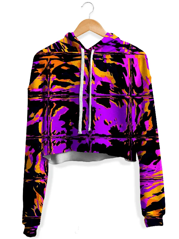Purple Blackout Rave Glitch Fleece Crop Hoodie Hoodie with Lace Feminine Delicate