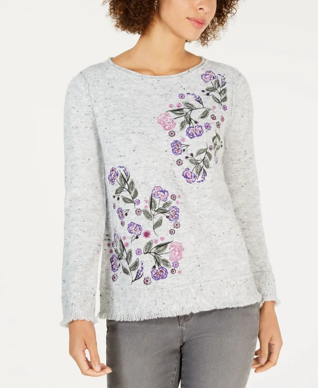 Style & Co Embroidered Fringed Textured Sweater Real Fur Shearling Chenille