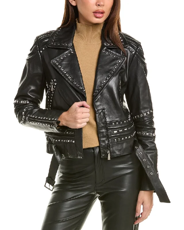 Alberta Ferretti Studded Leather Biker Jacket Faux Fur Fabric Real Fur Fabric Shearling Fabric