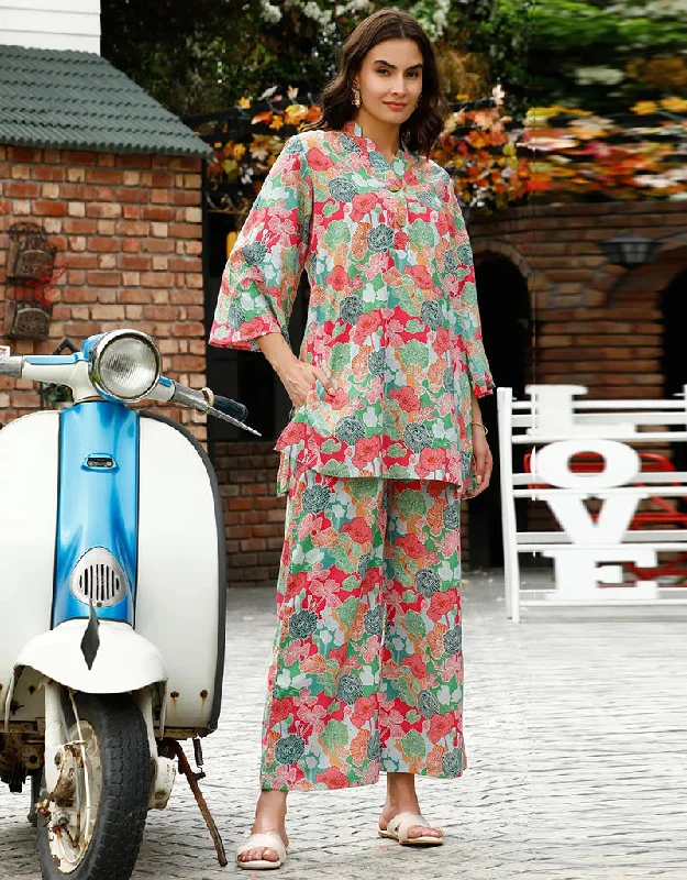 Fashionable Multy Cotton Blend Beautiful Readymade Co-Ord Top With Bottom Set Suit Design Pant Relaxed High-Waist Trousers