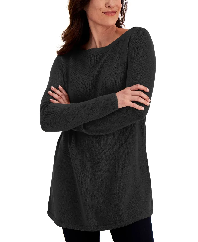 Karen Scott Solid Curved Hem Tunic Sweater Welt Pockets Slit Pockets Flap Pockets
