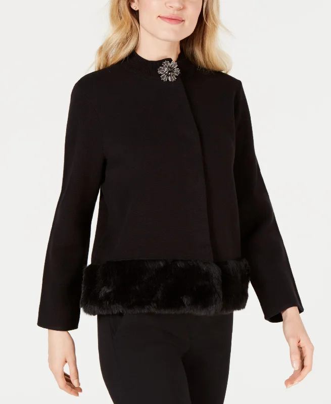 JM Collection Faux Fur Trim Sweater Jacket Transparent Opaque Sheer