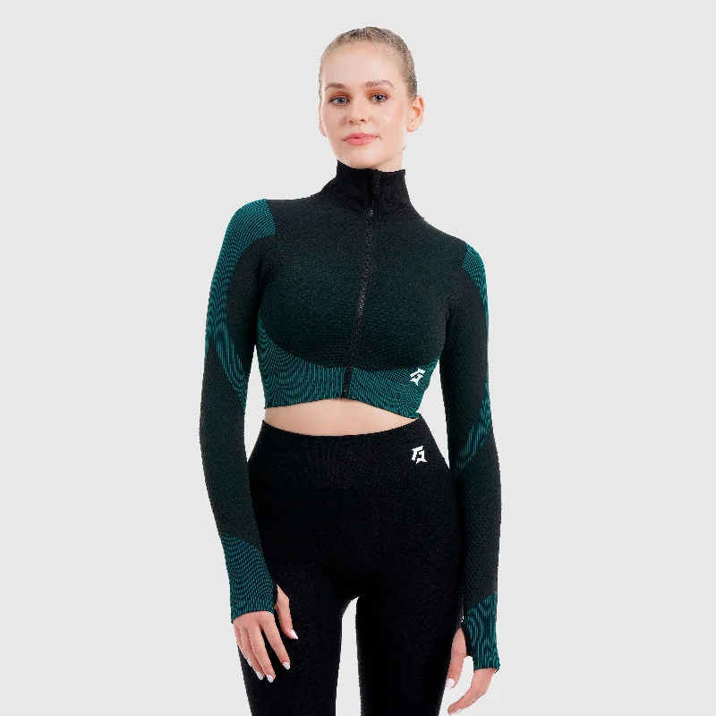 Striped Seamless Jacket (Black-Green) Welt Pockets Slit Pockets Flap Pockets