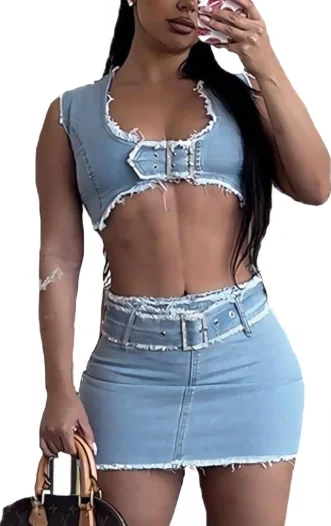 GH23116P-Denim Rhinestone Buckle Skirt Set leather skirt sleek