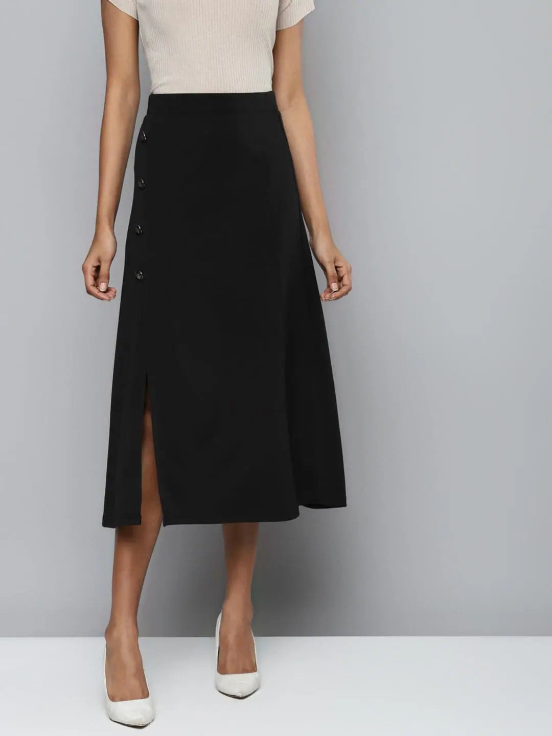 Black Scuba Front Slit Flared Midi Skirt pencil skirt chic