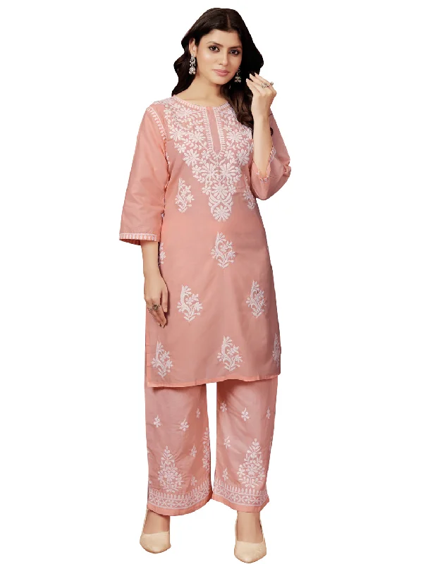 Peach Designer Readymade Cotton Pant Suit With Chikankari Embroidery Work Relaxed Linen Pants