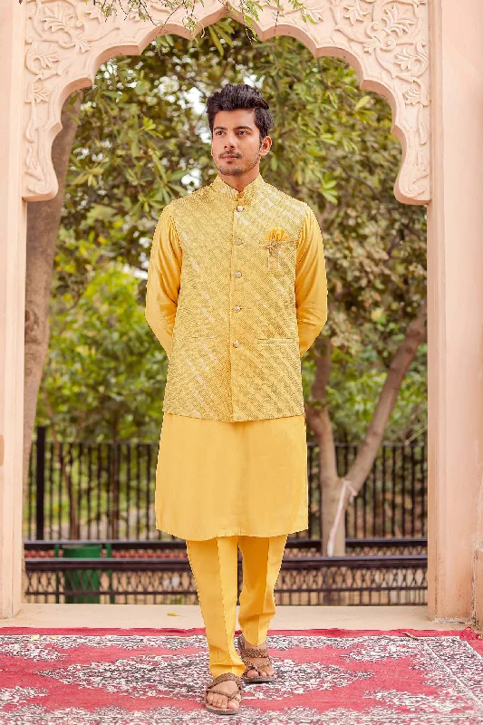 Yellow Soft Silk Jacket And Kurta Suit Zippered Front Buttoned Front Snap Front
