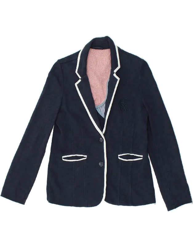 CREW CLOTHING Womens 2 Button Blazer Jacket UK 12 Medium  Navy Blue Cotton Stand-Up Collar Roll-Neck Collar Turtle Neck
